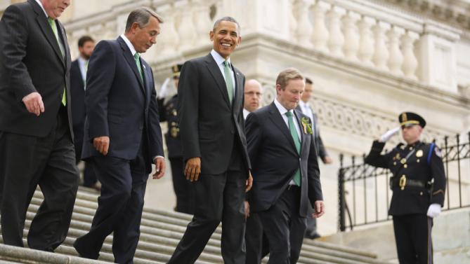 U.S. House Speaker John Boehner (R-OH) (L-R), President Barack Obama and Ireland's Prime Minister Enda Kenny leave after a St. Patrick's Day luncheon at the U.S. Capitol in Washington