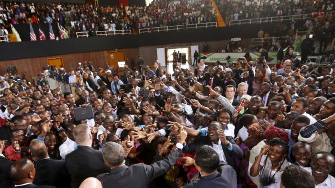 U.S. President Barack Obama delivers remarks at an indoor stadium in Nairobi July 26, 2015. Obama told Kenya on Saturday the United States was ready to work more closely in the battle against Somalia's Islamist group al Shabaab, but chided his host on gay rights and said no African state should discriminate over sexuality. REUTERS/Jonathan Ernst