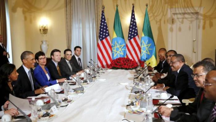 REFILE - UPDATING SLUG U.S. President Barack Obama (2nd L) and his delegation, including National Security Advisor Susan Rice (L), sit down to a bilateral meeting with Ethiopia's Prime Minister Hailemariam Desalegn (3rd R) at the National Palace in Addis Ababa, Ethiopia July 27, 2015. The economy of Ethiopia is forecast to expand by more than 10 percent, although rights groups say Addis Ababa's achievements are at the expense of political freedom. REUTERS/Jonathan Ernst
