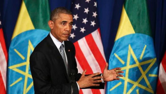 U.S. President Barack Obama speaks as he and Ethiopia's Prime Minister Hailemariam Desalegn hold a news conference after their meeting at the National Palace in Addis Ababa, Ethiopia July 27, 2015. Obama told Ethiopia's leaders on Monday that allowing more freedoms would strengthen the African nation, which had already lifted millions in the once famine-stricken country out of poverty. REUTERS/Tiksa Negeri