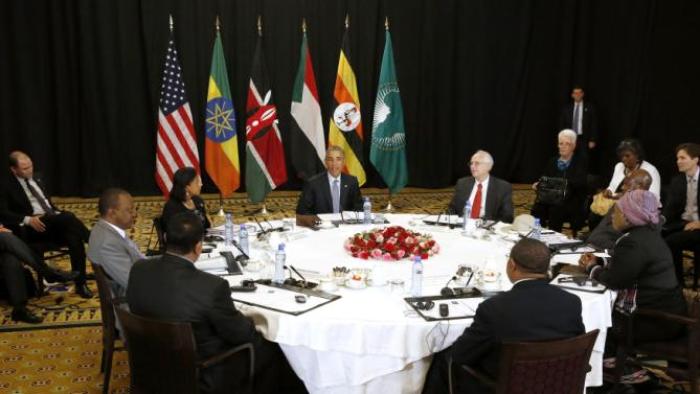 U.S. President Barack Obama (C) holds a meeting on South Sudan and counterterrorism issues with African heads of state at his hotel in Addis Ababa, Ethiopia July 27, 2015. Pictured at the table (clockwise from the top center), are: Obama, U.S. Special Envoy to Sudan and South Sudan Donald Booth, Uganda's President Yoweri Museveni, African Union Chairperson Dlamini Zuma, Ethiopiaâ's Prime Minister Hailemariam Desalegn, Sudan's Minister of Foreign Affairs Ibrahim Ghandour, Kenya's President Uhuru Kenyatta and U.S. National Security Advisor Susan Rice. REUTERS/Jonathan Ernst