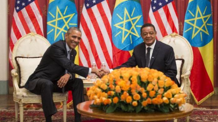 U.S. President Barack Obama, left, and Ethiopian President Mulatu Teshome shake hands during a meeting at the National Palace, on Monday, July 27, 2015, in Addis Ababa, Ethiopia. Obama is the first sitting U.S. president to visit Ethiopia. (AP Photo/Evan Vucci)