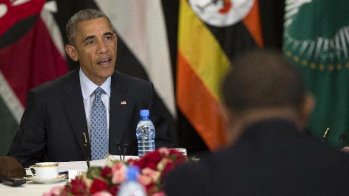 President Barack Obama speaks during a multilateral meeting on South Sudan and cointerterrorism issues with Kenya, Sudan, Ethiopia, the African Union and Uganda, Monday, July 27, 2015, in Addis Ababa. Obama is the first sitting U.S. president to visit Ethiopia. (AP Photo/Evan Vucci)
