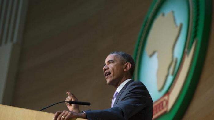 U.S. President Barack Obama delivers a speech to the African Union, Tuesday, July 28, 2015, in Addis Ababa, Ethiopia. On the final day of his African trip, Obama is focusing on economic opportunities and African security. (AP Photo/Evan Vucci)