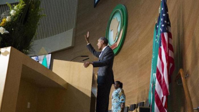 U.S. President Barack Obama waves after delivering a speech to the African Union, Tuesday, July 28, 2015, in Addis Ababa, Ethiopia. On the final day of his African trip, Obama is focusing on economic opportunities and African security. (AP Photo/Evan Vucci)