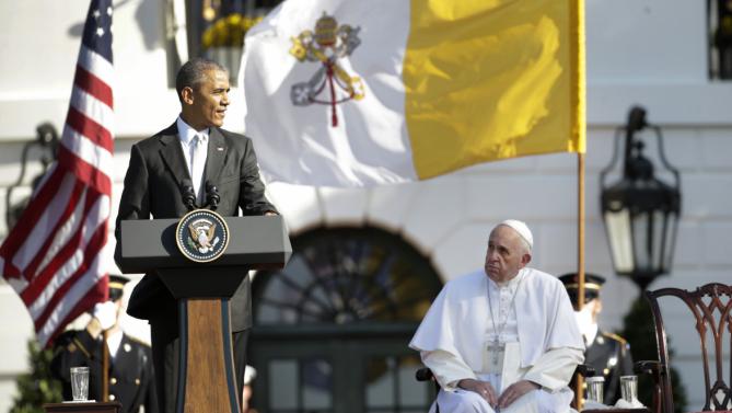 Pope Francis listens as President Barack Obama welcomes him during a state arrival ceremony on the South Lawn of the White House in Washington, Wednesday, Sept. 23, 2015. (AP Photo/Pablo Martinez Monsivais)