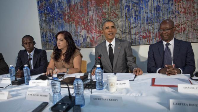 President Barack Obama meets with dissidents and other local Cubans at the U.S. Embassy, Tuesday, March 22, 2016, in Havana, Cuba. Sitting with Obama, from left are, Nelson Matute, Miriam Celeya, and Manuel Cuesta. (AP Photo/Pablo Martinez Monsivais)