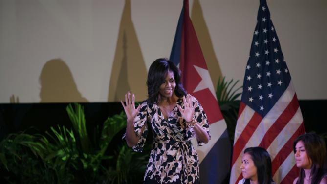 U.S. first lady Michelle Obama speaks during a "Let Girls Learn" conversation with female Cuban students (R) at the Fabrica de Arte Cubano in Havana, Cuba March 21, 2016. REUTERS/Ueslei Marcelino