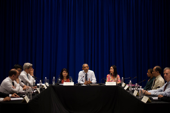 US President Barack Obama meets with members of the civil society in Hanoi on May 24, 2016. Obama, currently on a visit to Vietnam, met with civil society leaders including some of the country's long-harassed critics on May 24. The visit is Obama's first to the country -- and the third by a sitting president since the end of the Vietnam War in 1975. / AFP / JIM WATSON (Photo credit should read JIM WATSON/AFP/Getty Images)