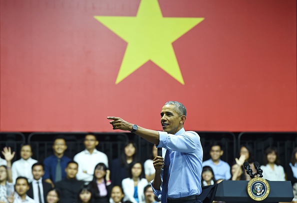 US President Barack Obama speaks at a Young Southeast Asian Leaders Initiative town hall event in Ho Chi Minh City on May 25, 2016. Obama fielded questions on May 25 on everything from rap and weed smoking to leadership and his good looks at a lively town hall-style meeting with young Vietnamese, who say the US leader is a far cry from their staid Communist rulers. / AFP / CHRISTOPHE ARCHAMBAULT (Photo credit should read CHRISTOPHE ARCHAMBAULT/AFP/Getty Images)
