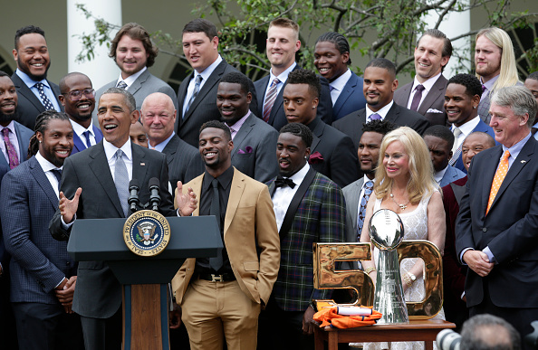 US President Barack Obama honors the 50th Super Bowl Champion Denver Broncos in the Rose Garden of the White House in Washington on June 6, 2016. / AFP / YURI GRIPAS (Photo credit should read YURI GRIPAS/AFP/Getty Images)