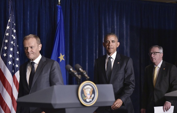 (From L to R) European Council President Donald Tusk, US President Barack Obama and European Commission President Jean-Claude Juncker arrive at a press conference for the joint press statements followig a meeting on the sidelines of the NATO Summit at a hotel in Warsaw on July 8, 2016. The Polish capital hosts a two-day NATO summit, first time that it hosts a top-level meeting of the Western military alliance since it joined in 1999. / AFP / Mandel Ngan (Photo credit should read MANDEL NGAN/AFP/Getty Images)